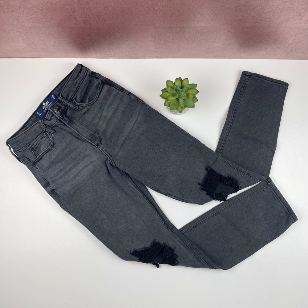 Hollister Ultra High Rise Skinny Ankle Black Gray Denim Jeans Distressed Women